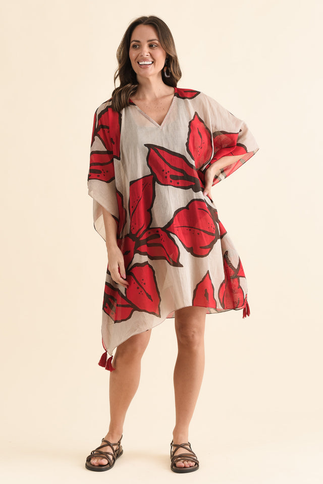 Stella Red Bloom Cotton Kaftan,Full Body,Brunette model,alt text|model:MJ image 2