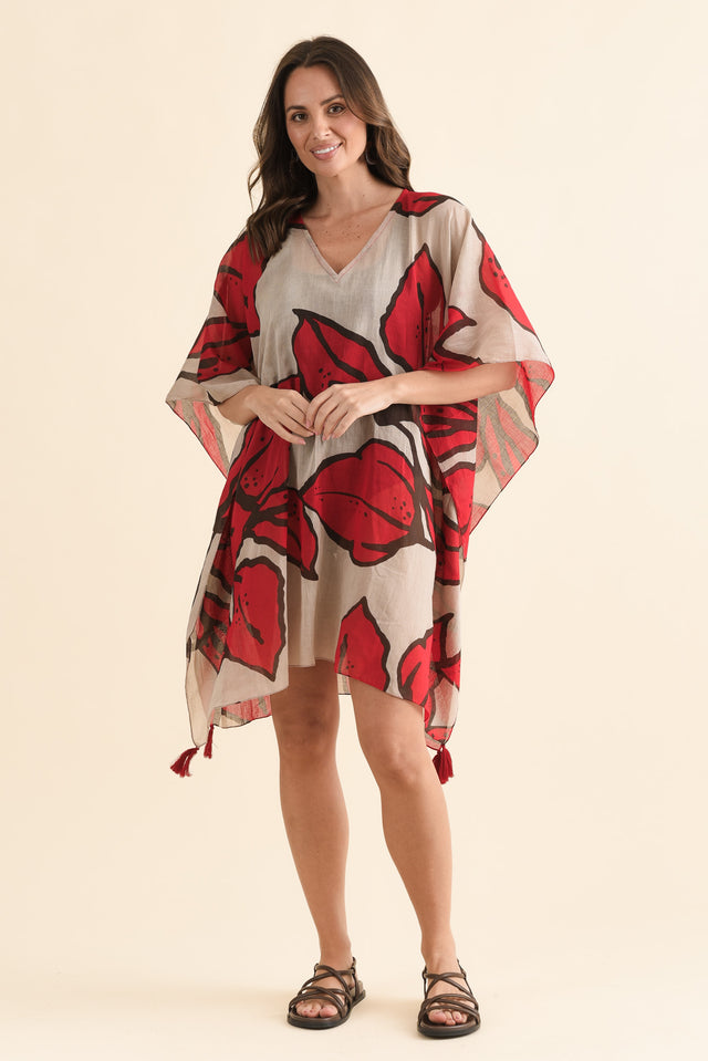 Stella Red Bloom Cotton Kaftan,Full Body,Brunette model,alt text|model:MJ image 6