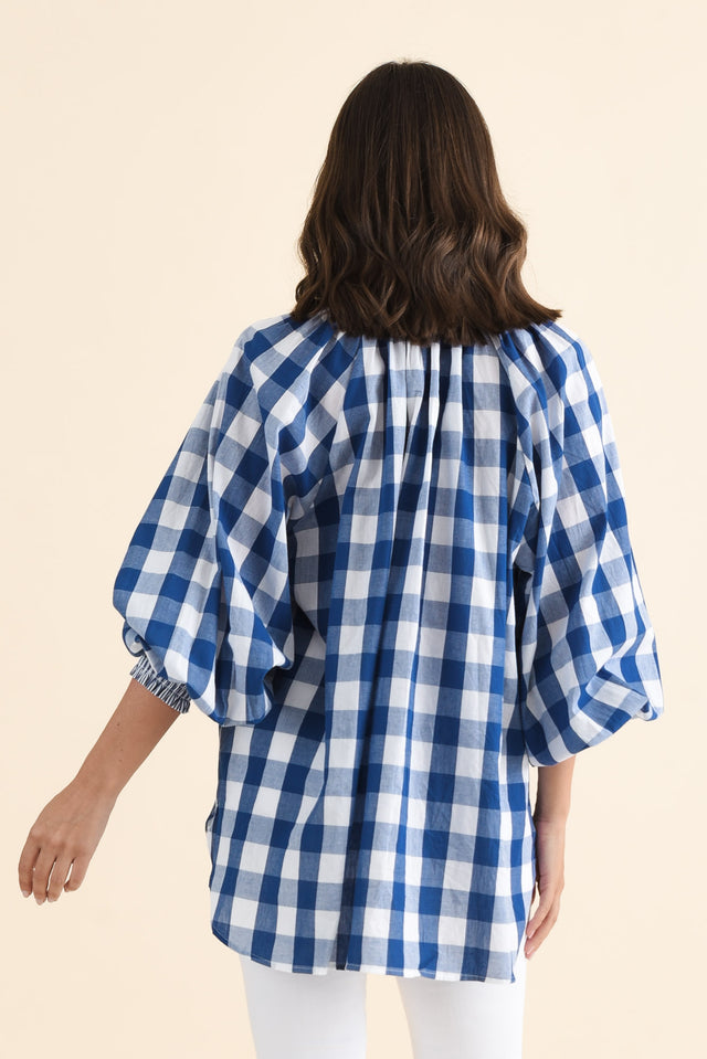Stephens Navy Check Cotton Shirt,brunette model,Back of Outfit,alt text|model:MJ image 4