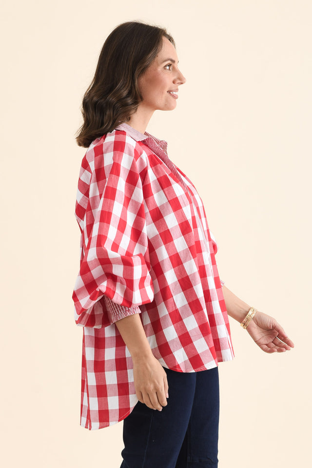 Stephens Red Check Cotton Shirt,brunette model,Side of Outfit,alt text|model:MJ image 3