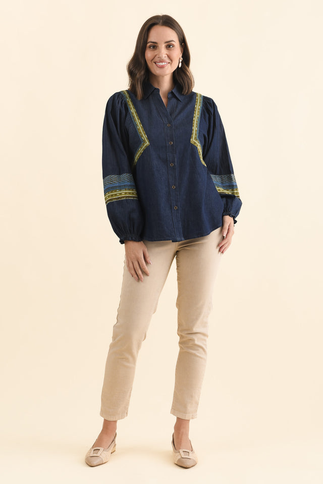 Stiles Blue Denim Puff Sleeve Top,Brunette model,alt text|model:MJ image 7