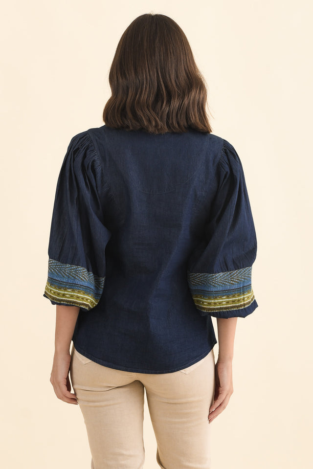 Stiles Blue Denim Puff Sleeve Top,Brunette model,alt text|model:MJ image 5