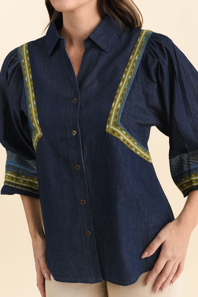 Stiles Blue Denim Puff Sleeve Top,Brunette model,alt text|model:MJ image 6
