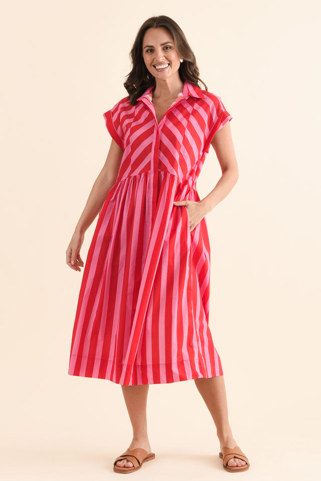 Susan Pink Stripe Cotton Collared Dress,Front,Brunette model,alt text|model:MJ image 1