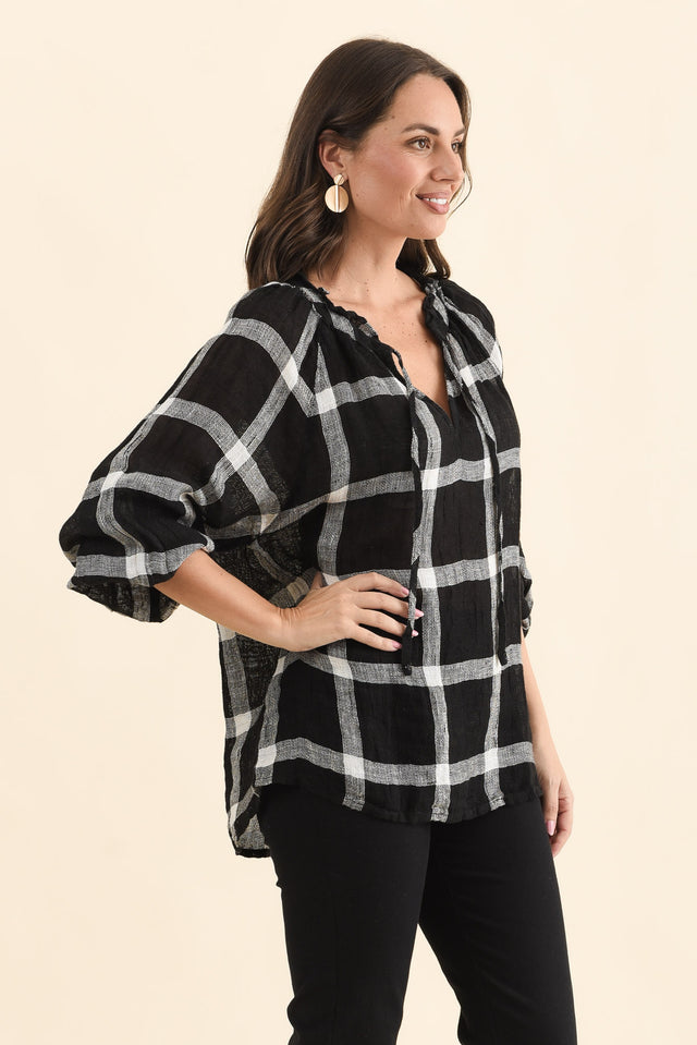 Sussana Black Check Linen Tie Top,Side,Brunette model,alt text|model:MJ image 3