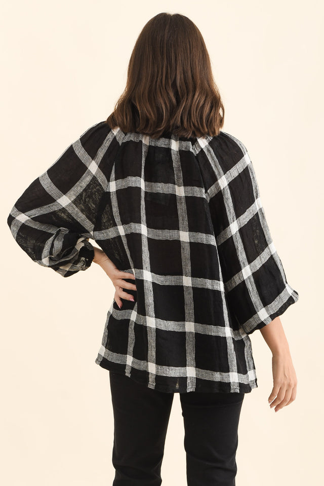 Sussana Black Check Linen Tie Top,Back,Brunette model,alt text|model:MJ image 4