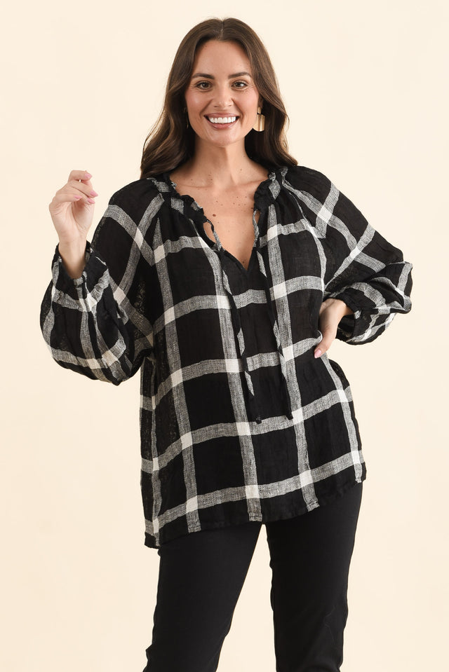 Sussana Black Check Linen Tie Top,Front,Brunette model,alt text|model:MJ image 1