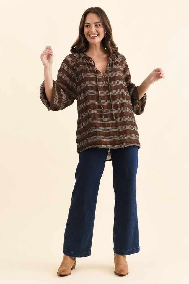 Sussana Bronze Stripe Linen Tie Top,Full Body,Brunette model,alt text|model:MJ image 7