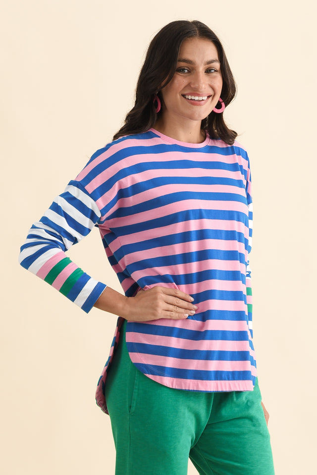 Taffy Blue Stripe Cotton Long Sleeve Tee,Brunette model,alt text|model:Brontie image 5
