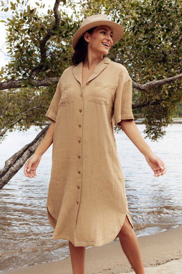 Tahiti Beige Cotton Cheesecloth Tie Dress