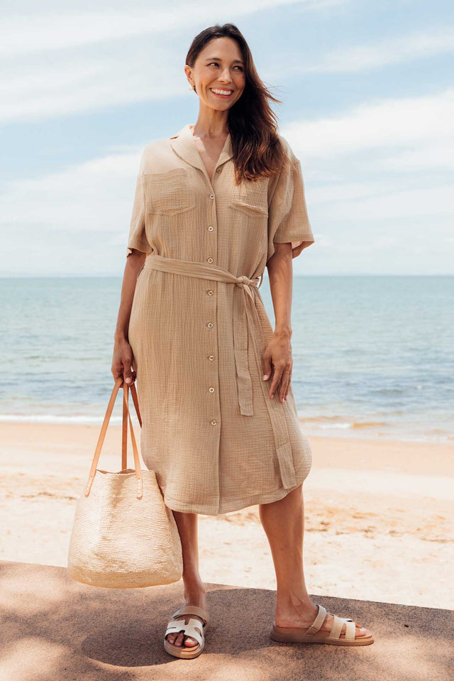 Tahiti Beige Cotton Cheesecloth Tie Dress