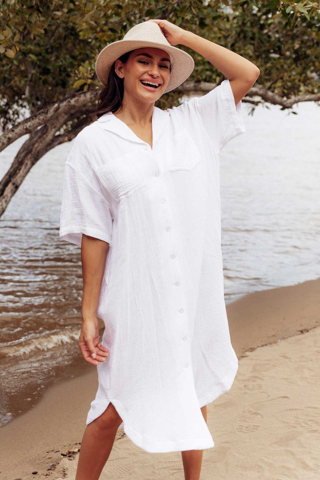 Tahiti White Cotton Cheesecloth Tie Dress