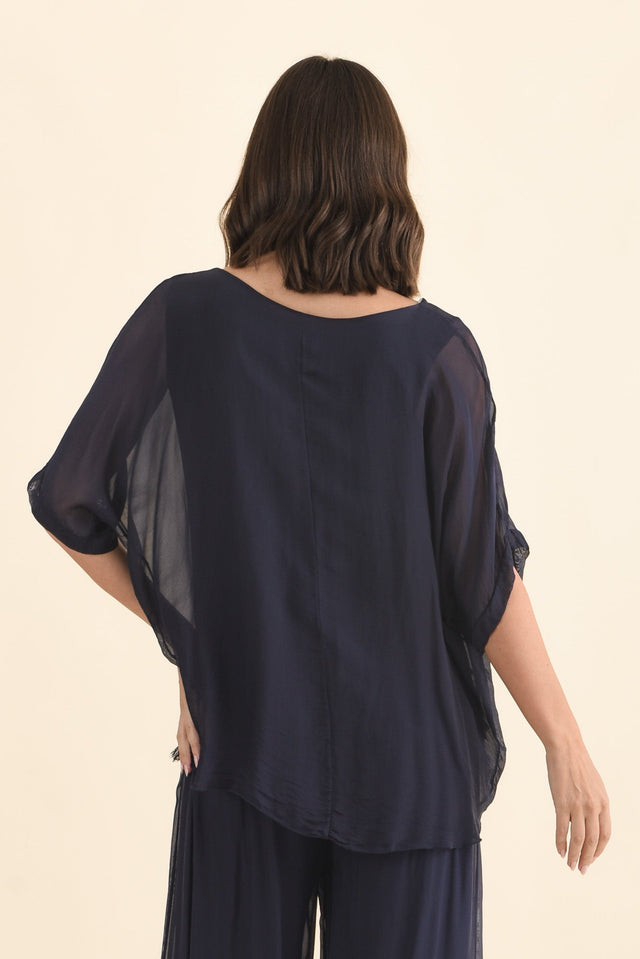 Talia Navy Silk Layer Top,Brunette model,alt text|model:MJ image 6