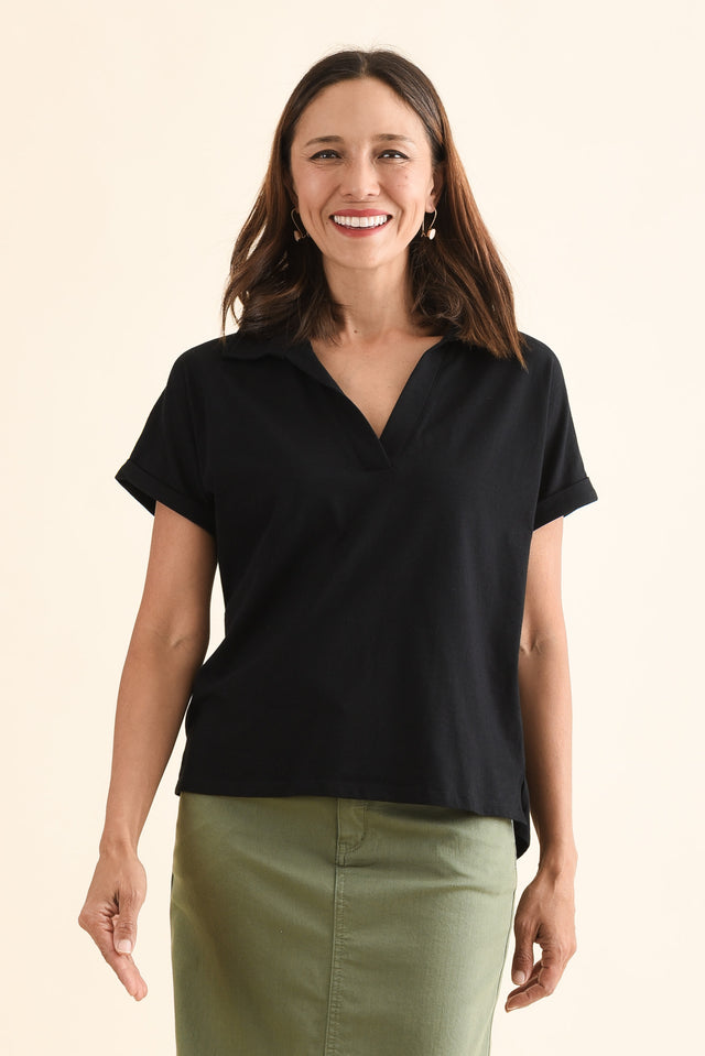 Talli Black Cotton Collared Tee,Front,Brunette model,alt text|model:Cara image 1