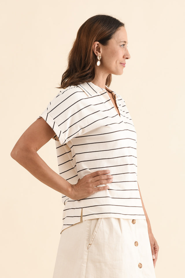 Talli Cream Stripe Cotton Collared Tee,Side,Brunette model,alt text|model:Cara image 3