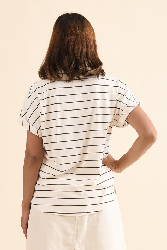 Talli Cream Stripe Cotton Collared Tee,Back,Brunette model,alt text|model:Cara image 4