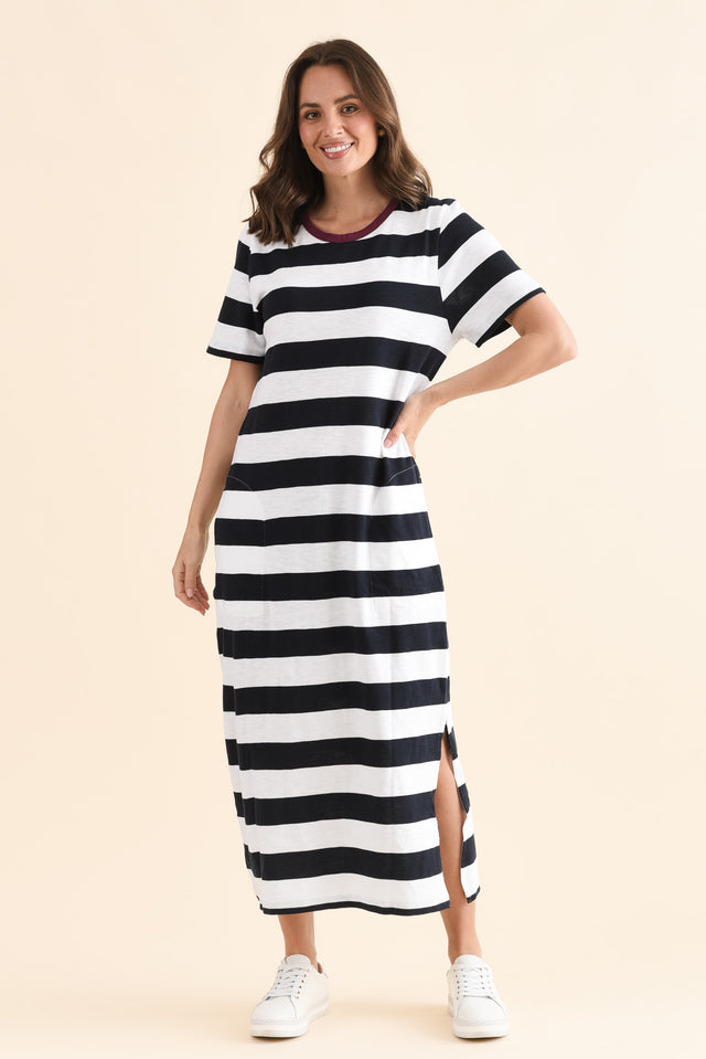 Tallow Navy Stripe Pocket Dress,Front,Brunette model,alt text|model:MJ
