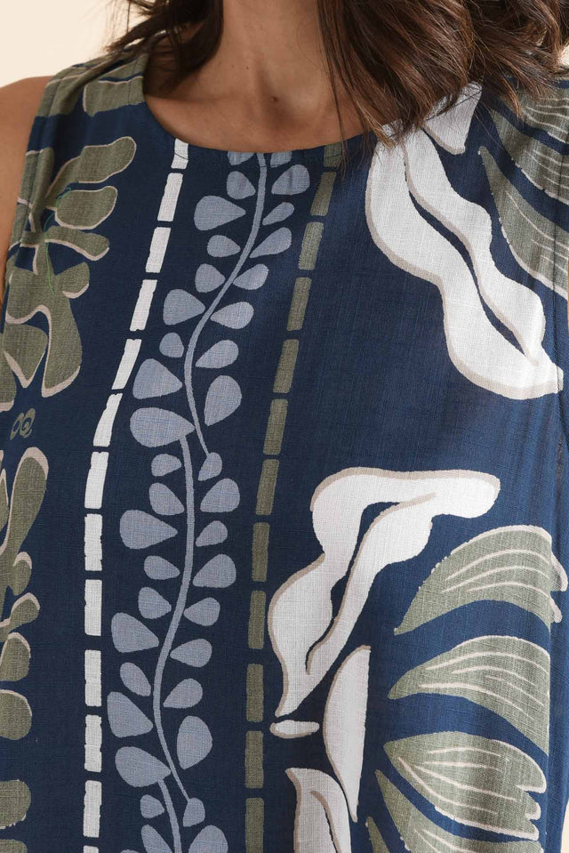 Tamera Navy Motif Organic Cotton Sleeveless Dress,Detail,Brunette model,alt text|model:Cara image 5