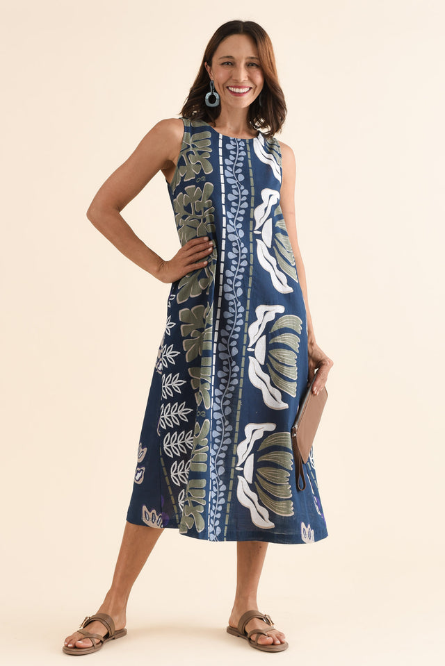 Tamera Navy Motif Organic Cotton Sleeveless Dress,Front,Brunette model,alt text|model:Cara