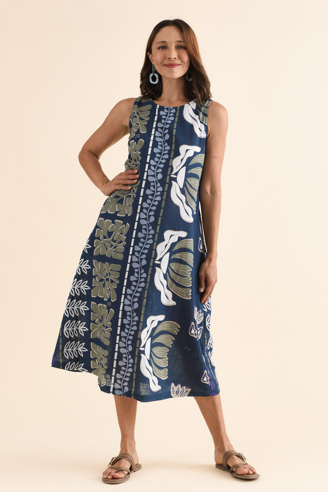 Tamera Navy Motif Organic Cotton Sleeveless Dress,Full Body,Brunette model,alt text|model:Cara image 6