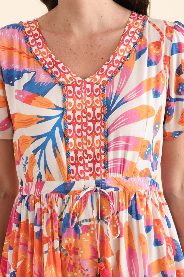 Tango Orange Palm Tie Dress,Detail,Brunette model,alt text|model:MJ image 5