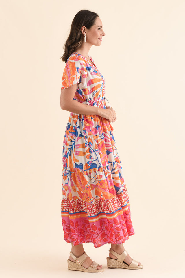 Tango Orange Palm Tie Dress,Side,Brunette model,alt text|model:MJ image 3