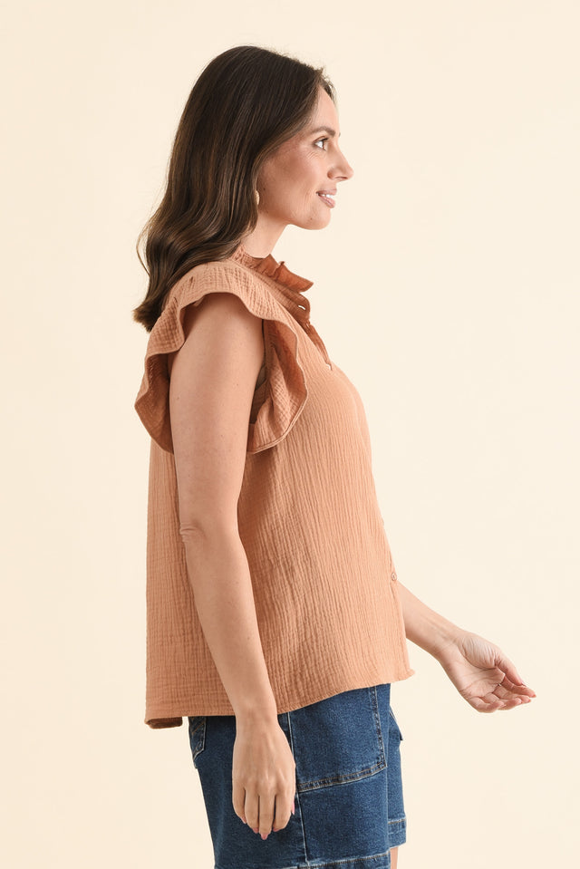 Taris Natural Cotton Ruffle Blouse,Side,Brunette model,alt text|model:MJ image 3