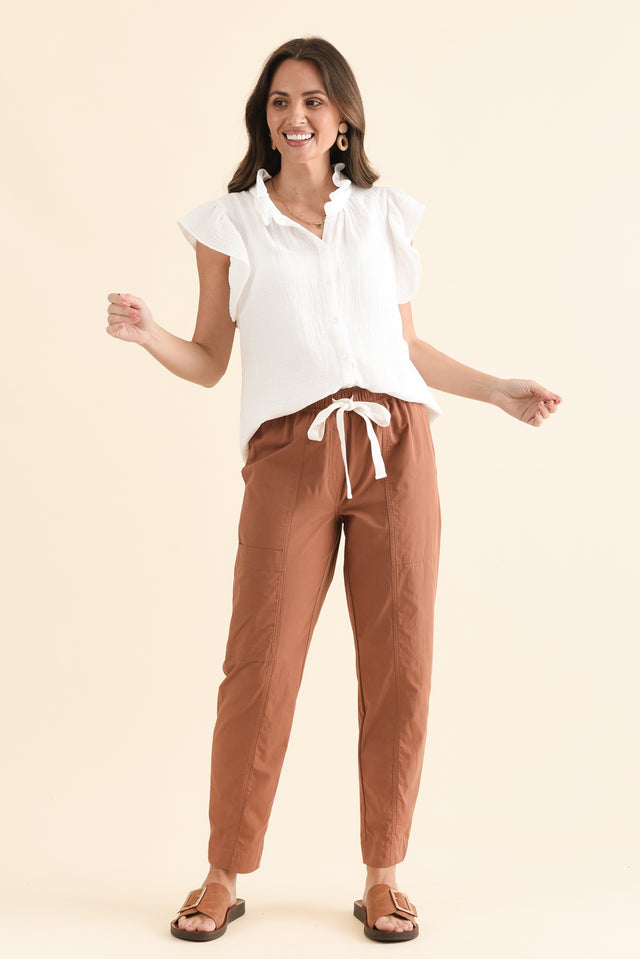 Reva Rust Cotton Drawstring Pants,Full Body,Brunette model,alt text|model:MJ image 6