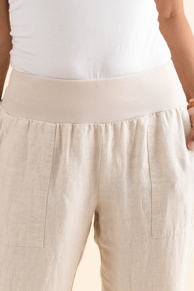 Tatum Beige Linen Pants,Full Body,Brunette model,alt text|model:Cara image 9