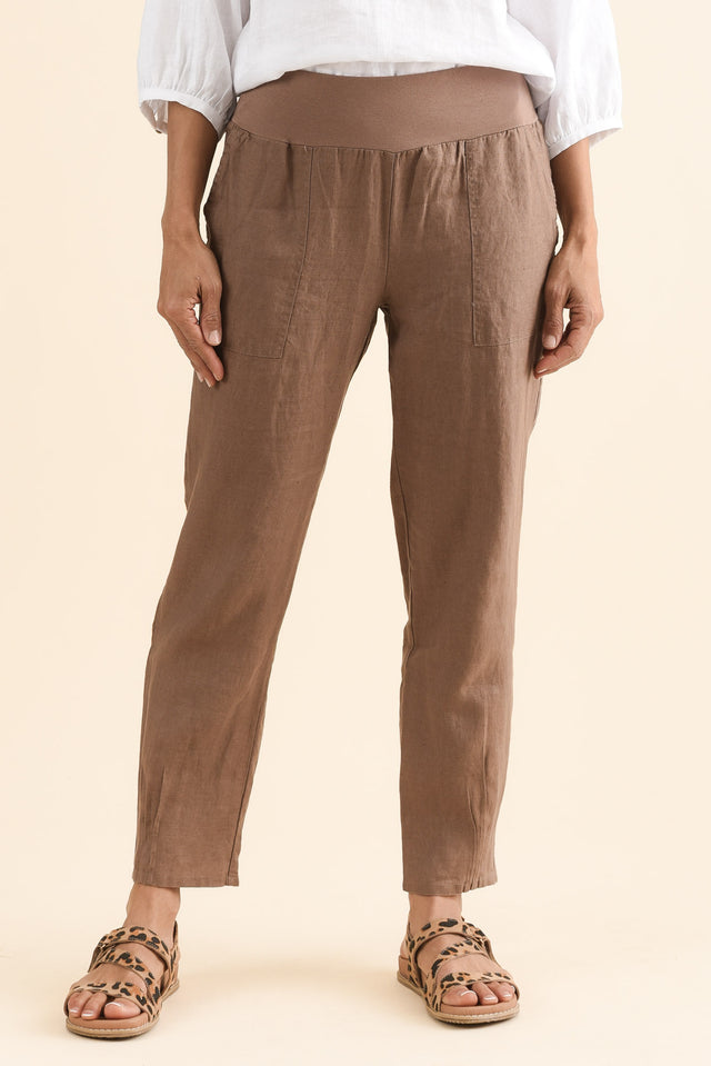 Tatum Mocha Linen Pants,Front,Brunette model,alt text|model:Cara image 1