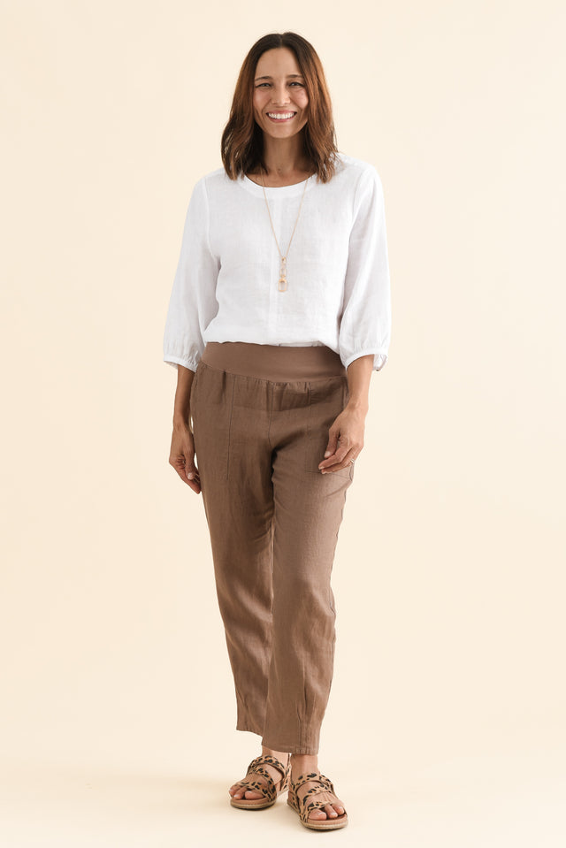 Tatum Mocha Linen Pants,Full Body,Brunette model,alt text|model:Cara image 2