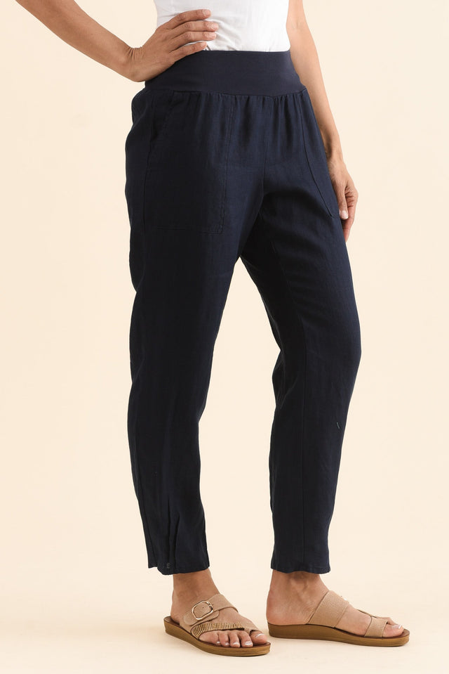 Tatum Navy Linen Pants,Side,Brunette model,alt text|model:Cara image 5