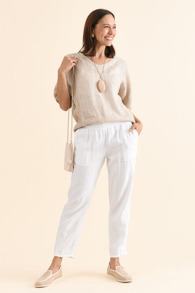 Tatum White Linen Pants,Full Body,Brunette model,alt text|model:Cara image 4