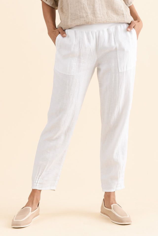 Tatum White Linen Pants,Front,Brunette model,alt text|model:Cara