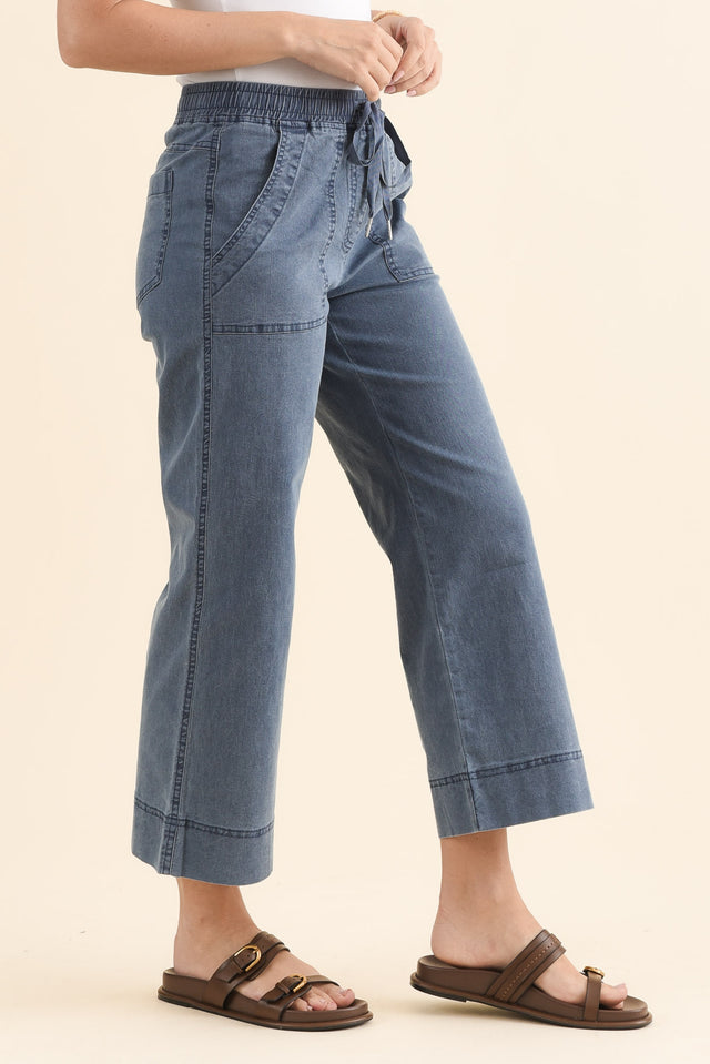 Theodore Blue Denim Drawstring Pants,Side,Brunette model,alt text|model:MJ image 3
