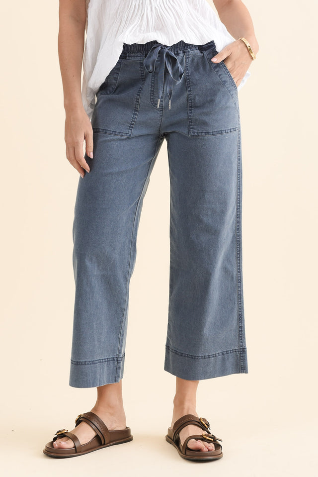 Theodore Blue Denim Drawstring Pants,Front,Brunette model,alt text|model:MJ