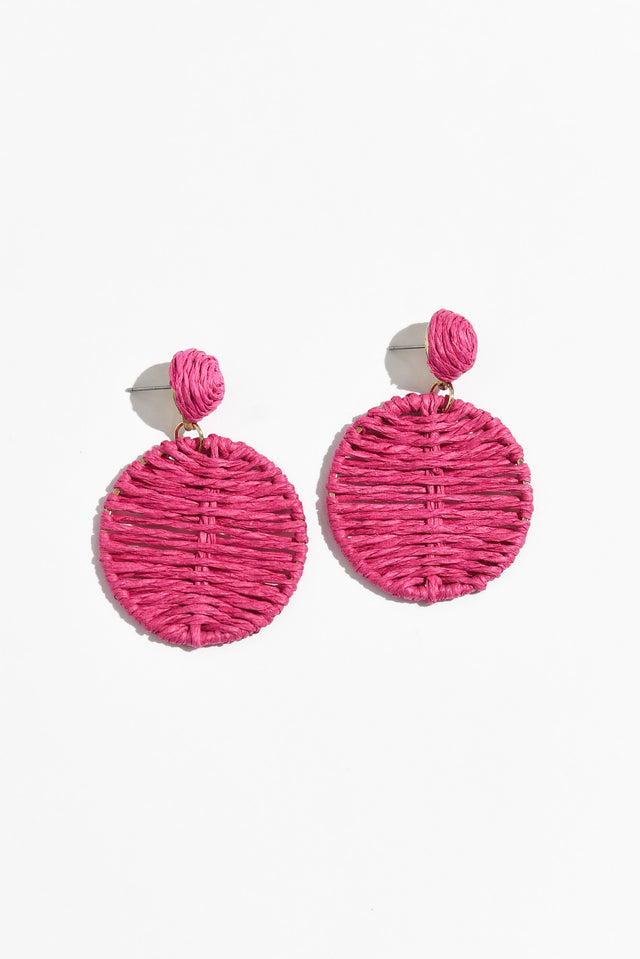 Theora Hot Pink Rattan Disc Earrings image 1