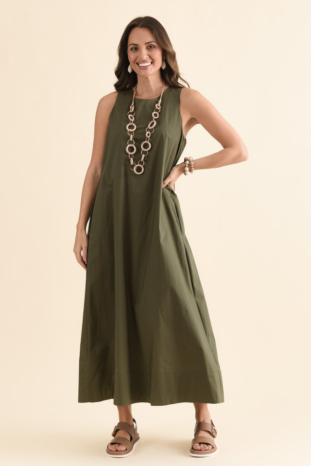 Tia Khaki Cotton Pocket Dress,Full Body,Brunette model,alt text|model:MJ image 2