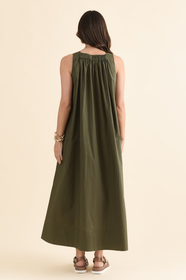 Tia Khaki Cotton Pocket Dress,Back,Brunette model,alt text|model:MJ image 4