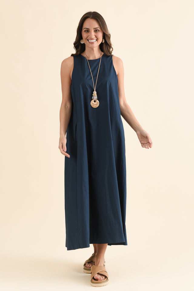 Tia Navy Cotton Pocket Dress,Full Body,Brunette model,alt text|model:MJ image 2