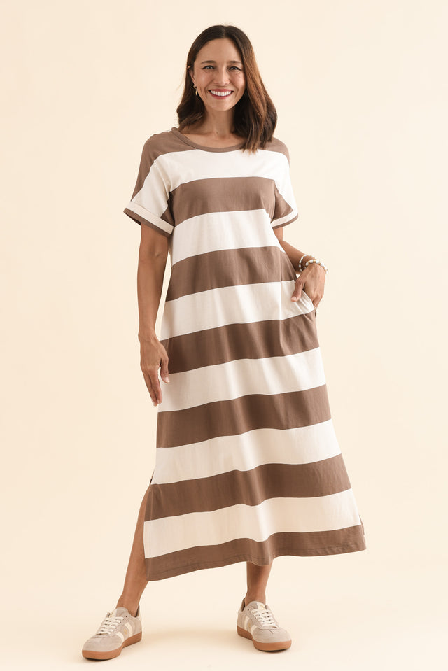 Tiarna Chocolate Stripe Cotton Dress,Full Body,Brunette model,alt text|model:Cara image 6