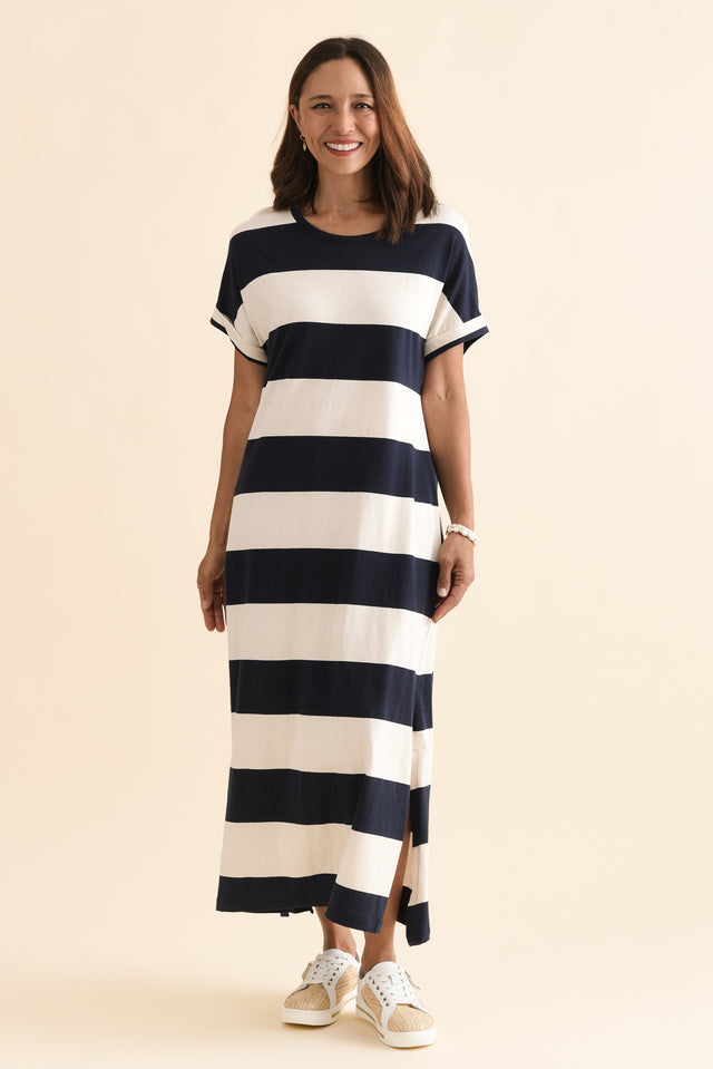 Tiarna Navy Stripe Cotton Dress,Full Body,Brunette model,alt text|model:Cara image 6