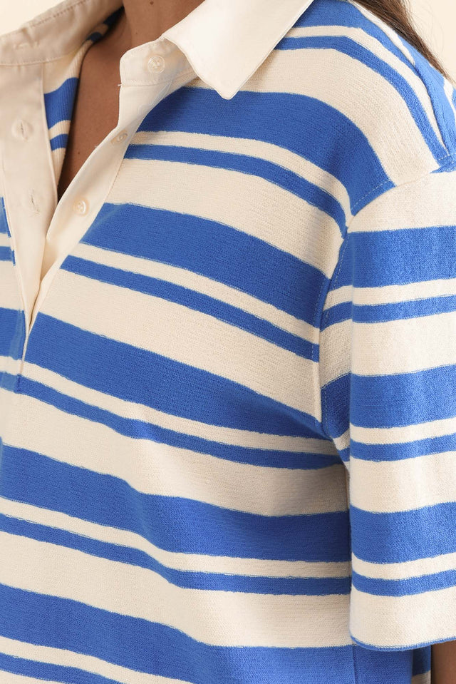 Tides Blue Stripe Cotton Polo Top,Detail,Brunette model,alt text|model:Brontie image 4