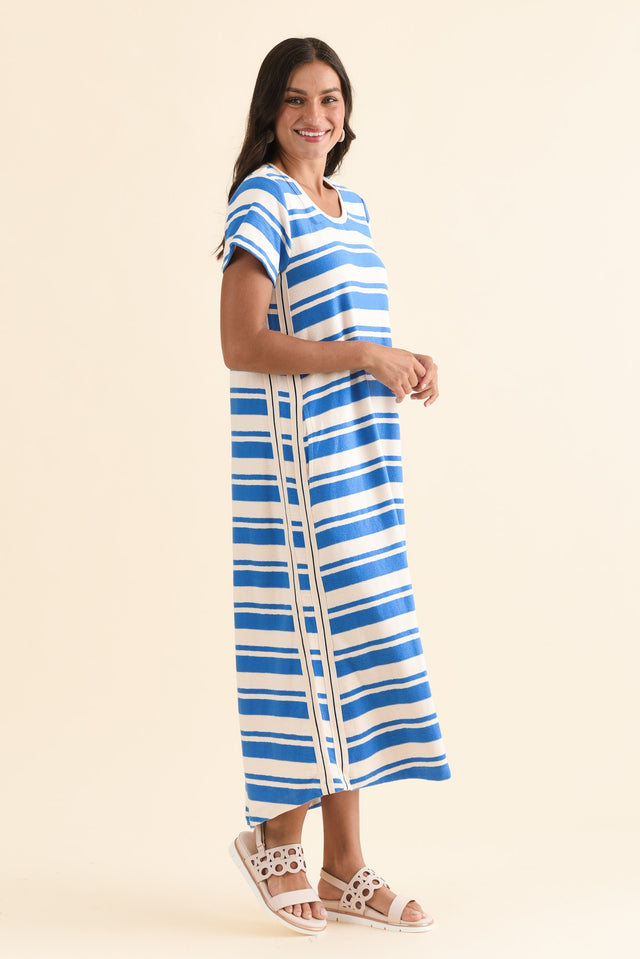 Tides Blue Stripe Cotton T-Shirt Dress,Side,Brunette model,alt text|model:Brontie image 3