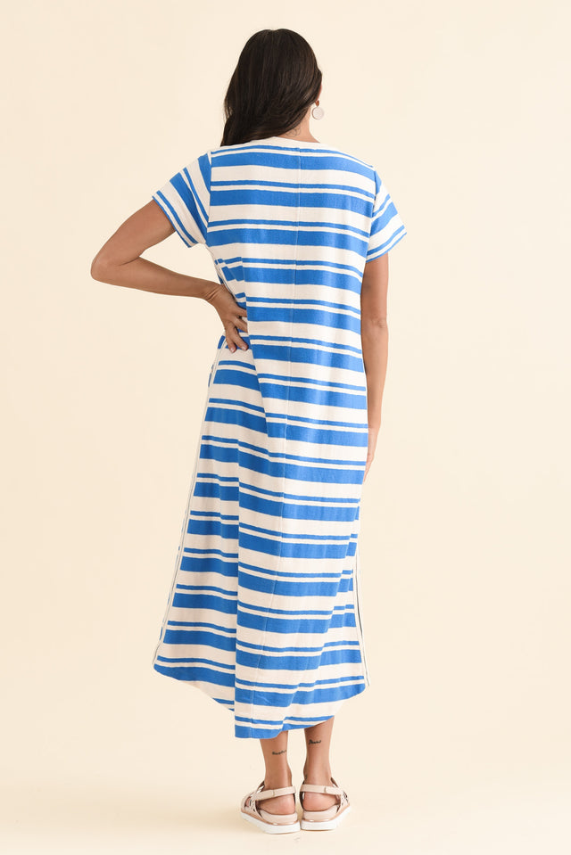 Tides Blue Stripe Cotton T-Shirt Dress,Back,Brunette model,alt text|model:Brontie image 4