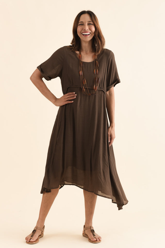 Toria Chocolate Crescent Dress,Front,Brunette model,alt text|model:Cara image 1