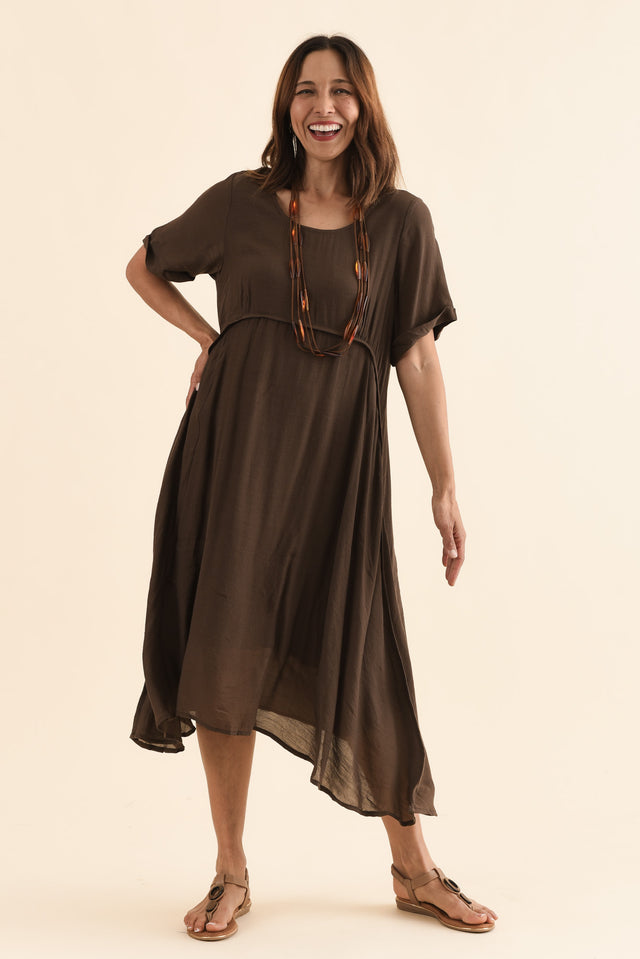 Toria Chocolate Crescent Dress,Full Body,Brunette model,alt text|model:Cara image 2