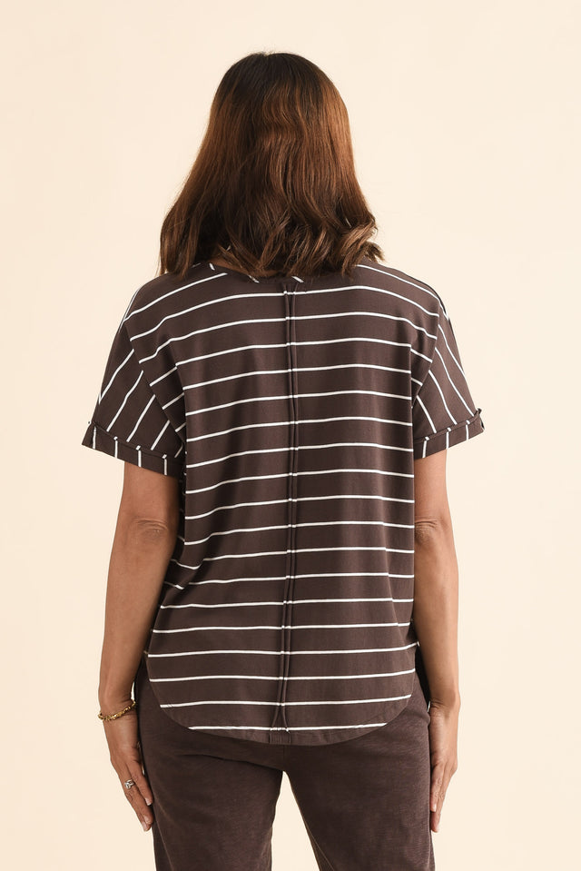 Toronto Dark Brown Stripe Cotton Tee,Back,Brunette model,alt text|model:Cara image 4