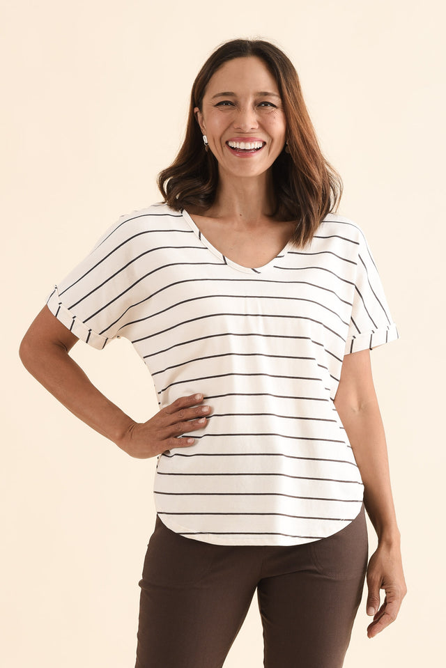 Toronto Cream Stripe Cotton Tee,Front,Brunette model,alt text|model:Cara image 1