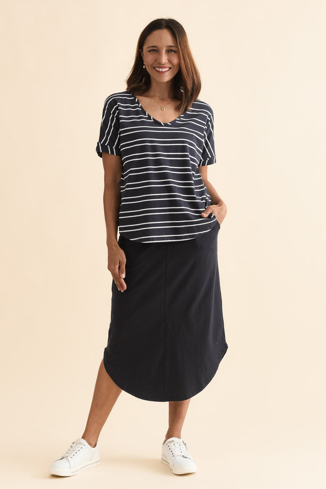 Presley Navy Cotton Shirred Skirt,Full Body,Brunette model,alt text|model:Cara image 2
